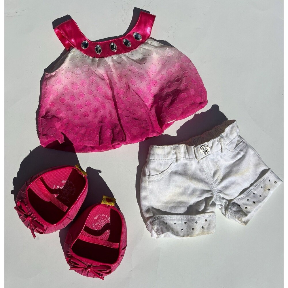 Build-A-Bear Workshop Casual Pink Top w Gems White Shorts & Pink Shoes 3pc ‘Fit